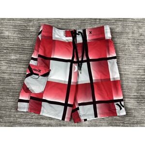 Hurley Shorts Mens 33 Red Plaid Board Shorts Drawstring Cargo Pocket Embroidered